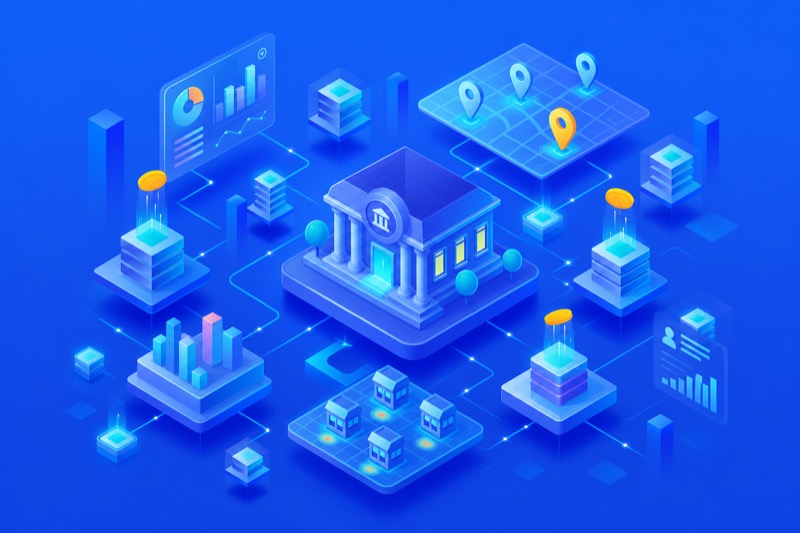 Isometric illustration of banking branches, territory maps, and financial data networks